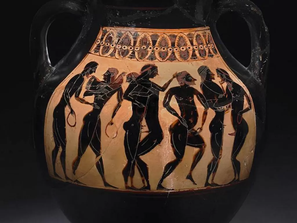 Guci Amphora Yunani yang menggambarkan beberapa aktivitas seksual di Yunani Kuni (The British Museum)