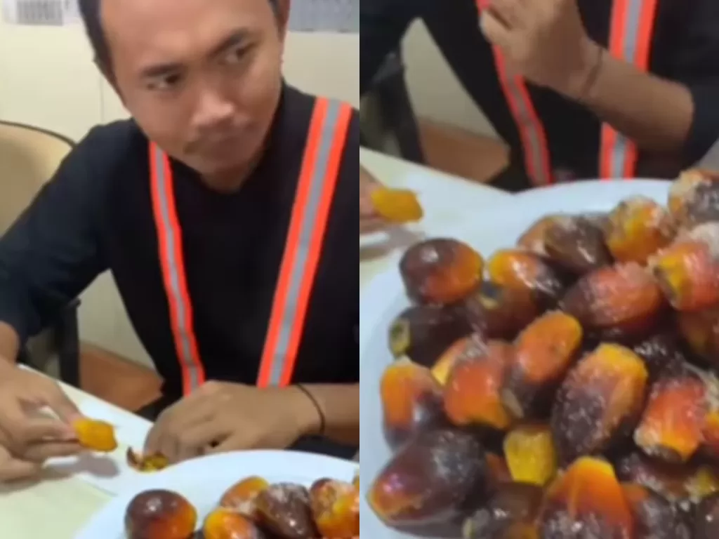 Pria yang diduga karyawan perkebunan sawit makan buah sawit (Instagram/galerisawit)