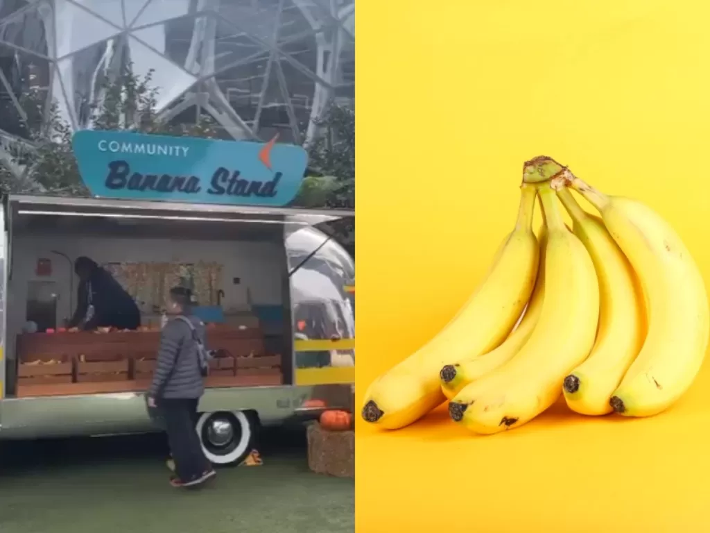 Kiri: Tempat di Amerika yang sediakan pisang gratis. (TikTok/leo_edw)/ Kanan: Ilustrasi pisang. (Unsplash)