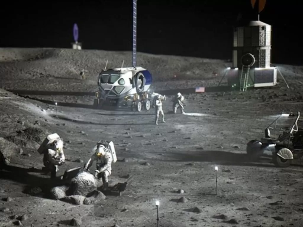 Ilustrasi pembangunan Artemis di Bulan. (NASA)