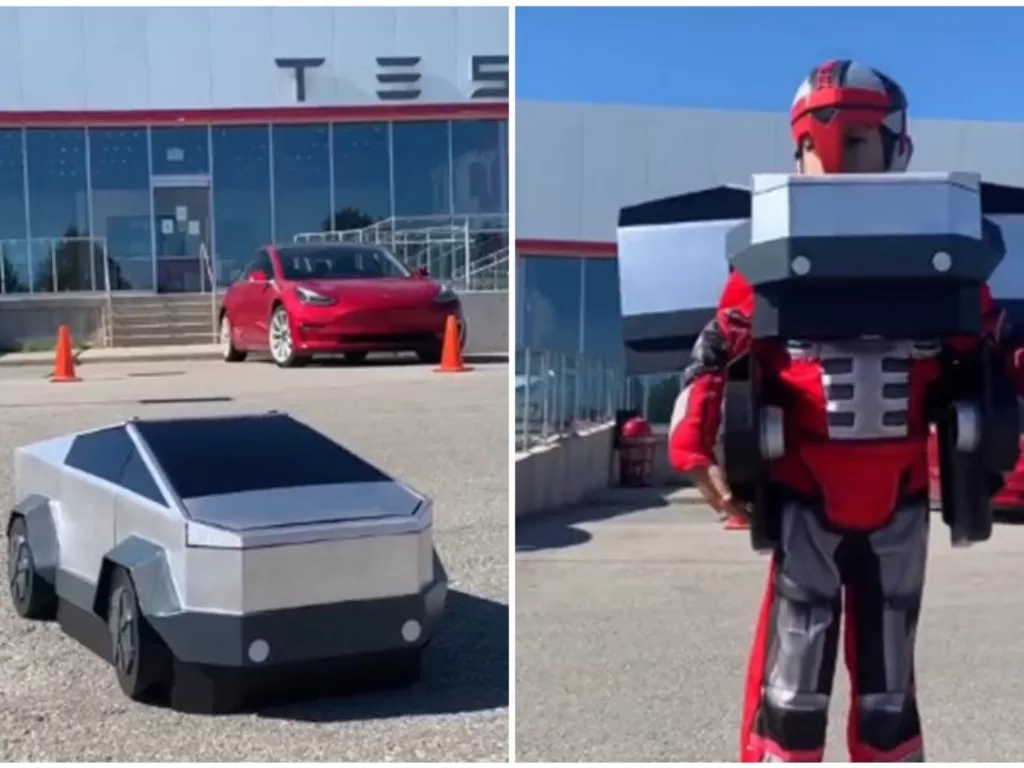 Kostum Tesla Cybertruck bisa berubah jadi Transformer. (Twitter/@DimaZeniuk)