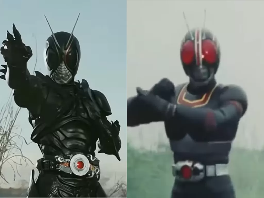 Momen henshin Kamen Rider Black dalam serial tahun 1987 dan 2022 (TikTok/ngawur.ajaa)