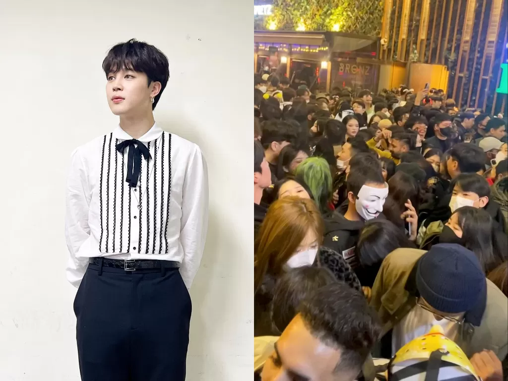 Kiri: Jimin BTS (Instagram/j.m) Kanan: Kerumunan di pesta Halloween Itaewon (REUTERS/LINDA @DABAKLUSA)