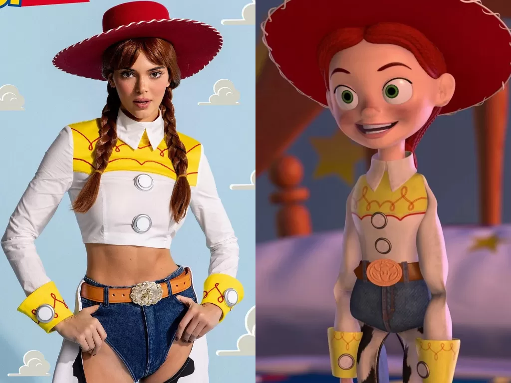 Kendall Jenner pakai kostum Jessie dari film animasi Toy Story dengan mode seksualitas. (Instagram/Kendall Jenner/Disney/Fandom)