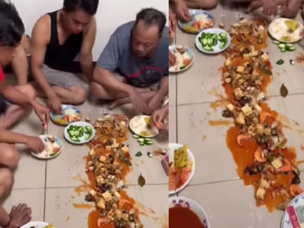 Seafood tumpah sekilas tampak langsung di lantai (Instagram/masakmasakvideooo)