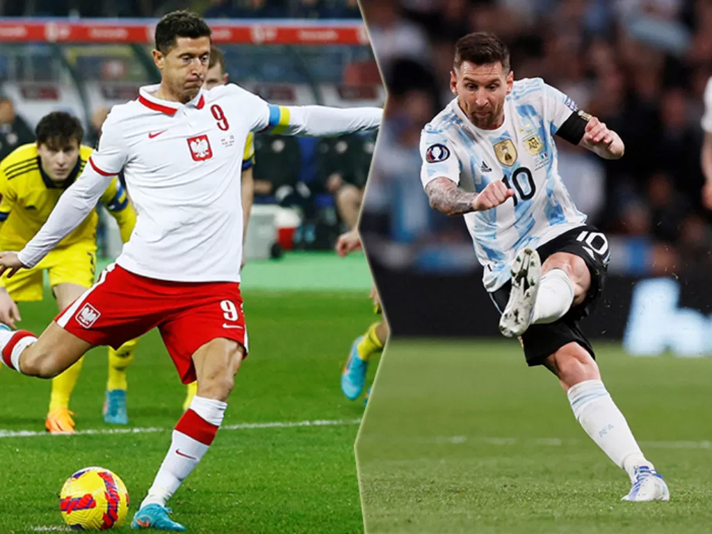 Robert Lewandowski dan Lionel Messi akan saling bertemu pada Piala Dunia 2022 nanti. (REUTERS/Andrew Couldridge)