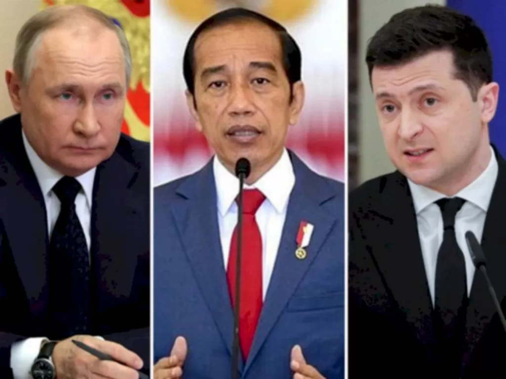 Kiri-kanan: Presiden Rusia Vladimir Putin, Presiden Joko Widodo, Presiden Ukraina Volodymyr Zelenskyy. (REUTERS/ANTARA FOTO)