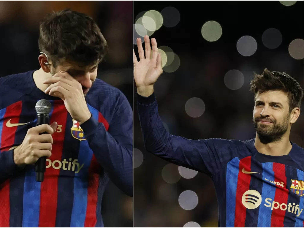 Gerard Pique dalam acara perpisahan dengan Barcelona di Camp Nou, Senin (6/11/2022). (REUTERS/Albert Gea)
