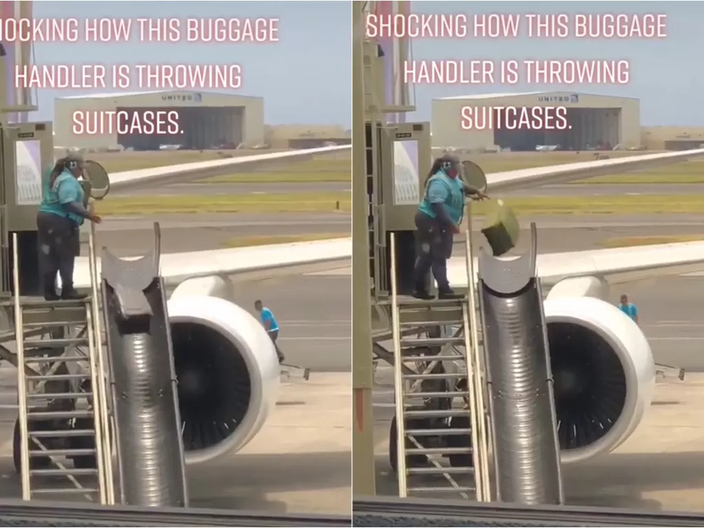 Proses penurunan bagasi pesawat asal lempar. (TikTok/@realityeye1)