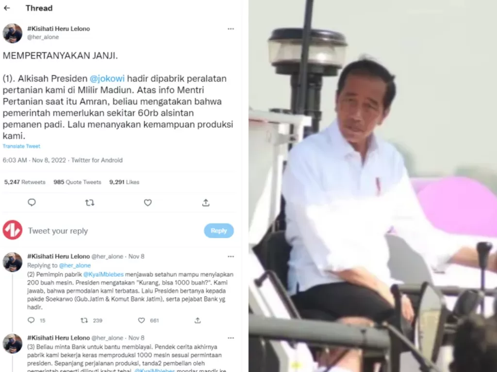 Kiri: Curahan hati buruh pabrik mesin yang dighosting pemerintah. (Twitter/@her_alone)/ Kanan: Presiden Joko Widodo yang sedang memantau lapangan pertanian. (ANTARANEWS/HO-BPMI Setpres-Muchlis Jr/pri) 