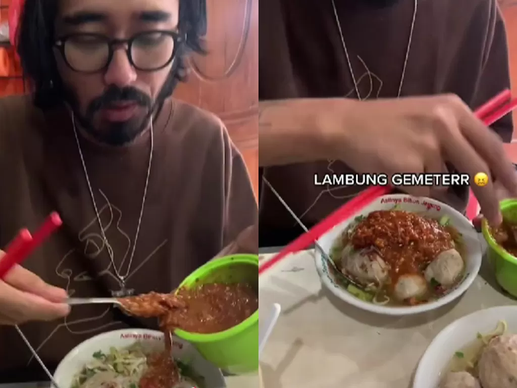 Pria diejek gila karna makan bakso dengan setengah mangkuk cabai (TikTok/ilyasmhmmd_)