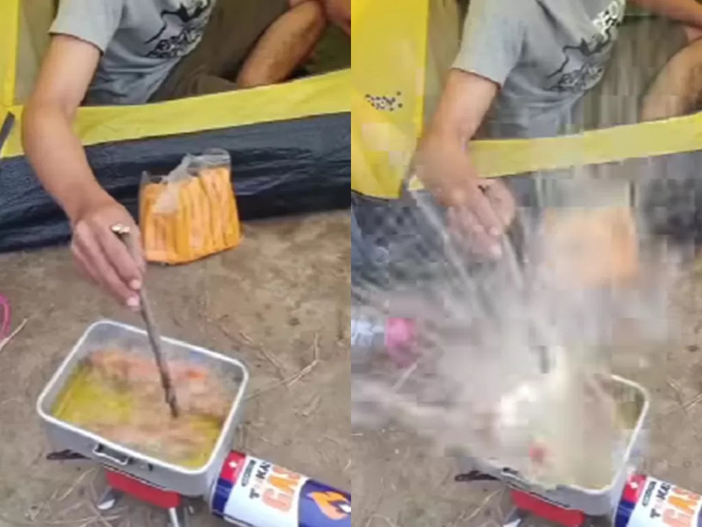 Sosis meledak saat dimasak buat santapan camping (Instagram/masakmasakvideooo)