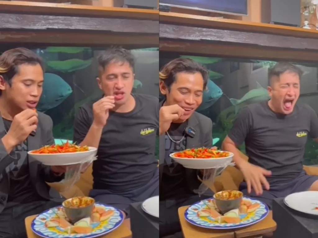 Reaksi Irfan Hakim saat duel makan semangkuk cabai. (TikTok/@anggun_supriadi91)