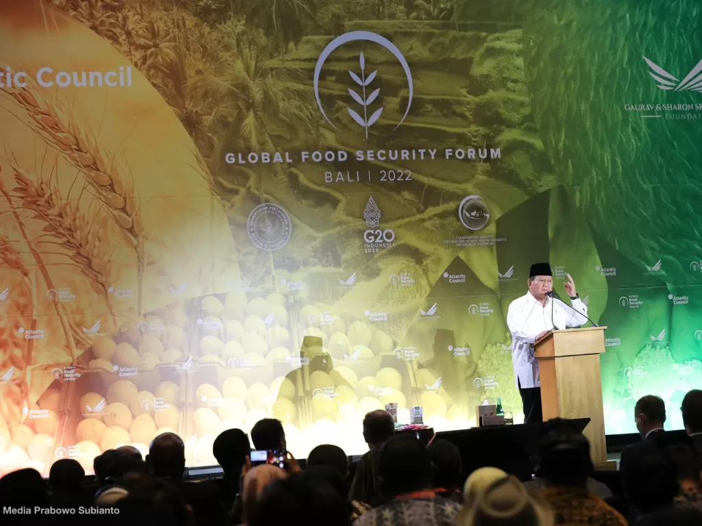 Menteri Pertahanan Prabowo Subianto memberikan sambutan pada acara Global Food Security Forum di Bali. (Dok Tim Prabowo).