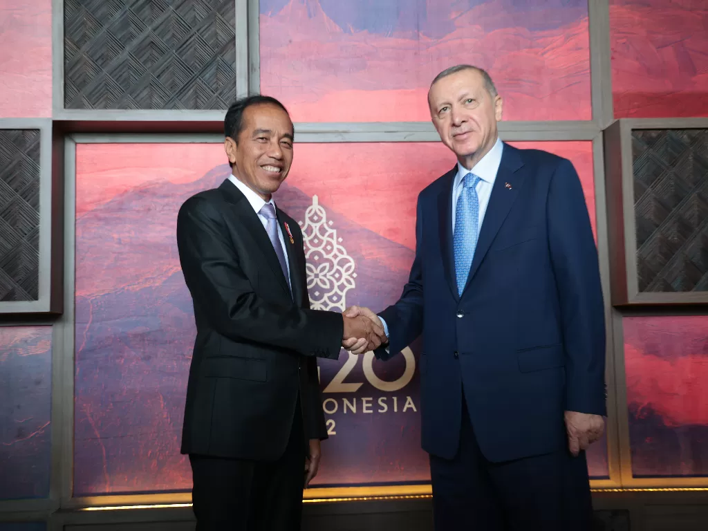 Presiden Joko Widodo (kiri) dan Presiden Turki Recep Tayyip Erdogan (kanan). (ANTARA FOTO/Media Center G20 Indonesia/Hendra A Setyawan).