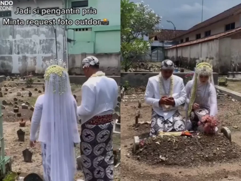 Momen pengantin yang mengambil sesi foto di pemakaman. (TikTok/habisjepret.id)