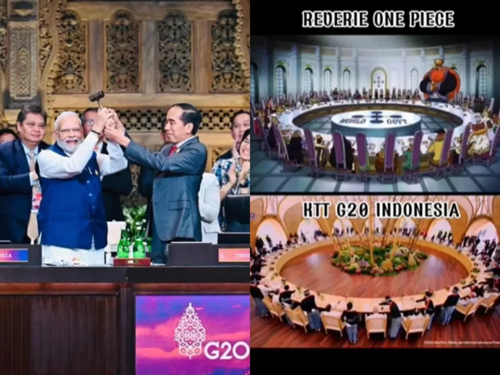 Kiri: Presiden Joko Widodo menyerahkan tampuk kepemimpinan Presidensi G20 berikutnya kepada India. (Instagram/jokowi)/ Kanan: Penampakan pemandangan penutupan KTT G20 yang mirip dengan rapat di One Piece. (Instagram/undercover.id)