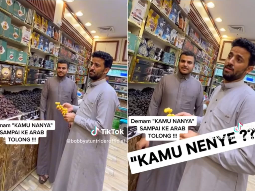 Penjual kurma di Mekkah ikut tren 'kamu nanya'. (TikTok/@bobbystuntriderofficial)