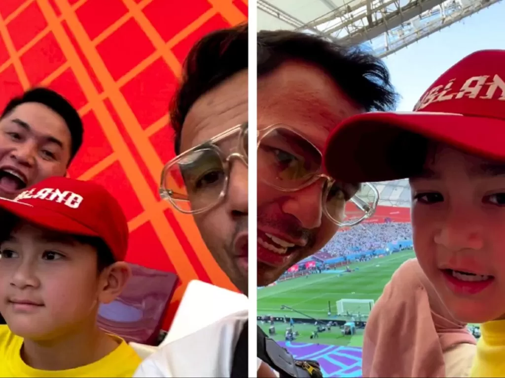 Merry, Rafathar, dan Raffi Ahmad menonton pertandingan Timnas Inggris vs Timnas Iran (Instagram/@raffinagita1717)