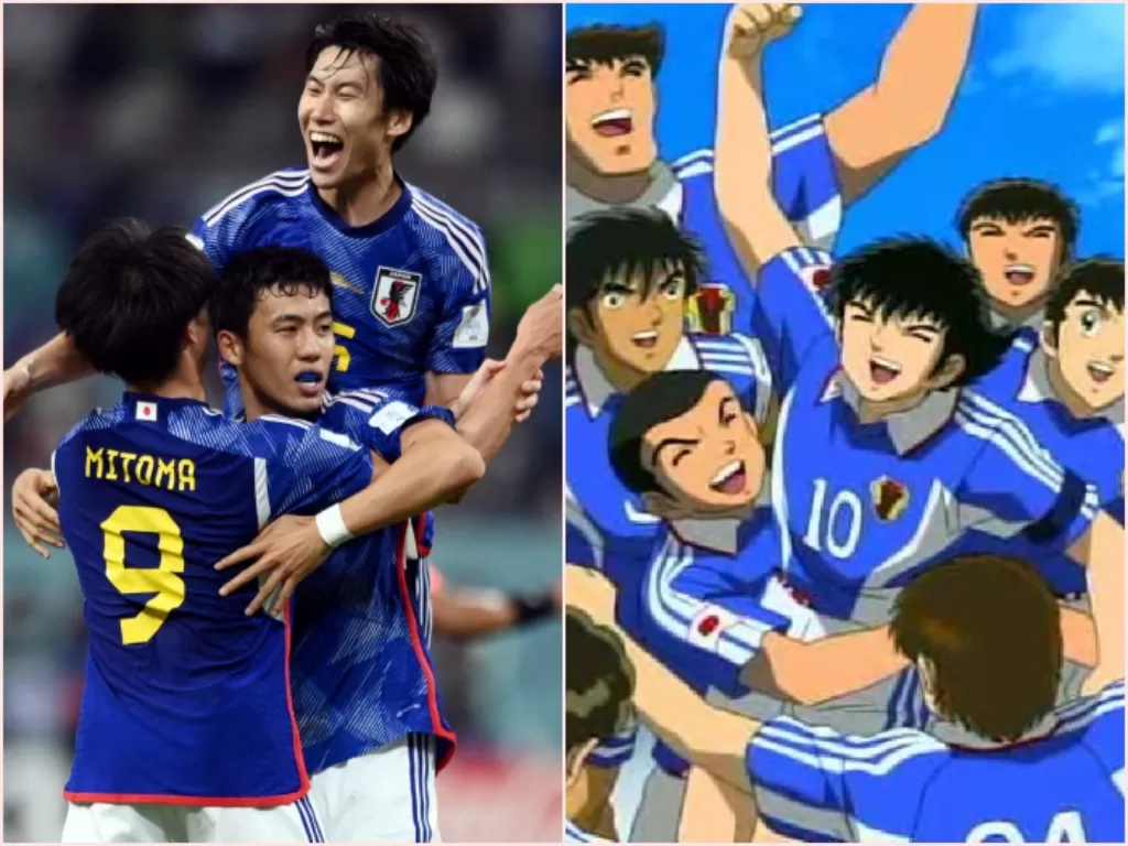 Perayaan tim Jepang setelah menang lawan Jerman di Piala DUnia Qatar 2022 mirip dengan episode di anime Captain Tsubasa (REUTERS/Annegret Hilse, Twitter/Ozora).
