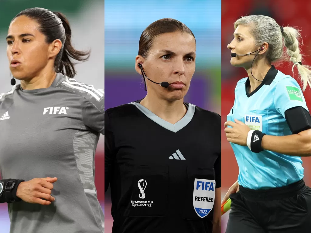 Tiga wasit wanita yang akan mengadili pertandingan Grup E Piala Dunia 2022 antara Kosta Rika vs Jerman, Jumat (2/11/2022) dini hari WIB. (Twitter/@FIFAcom)