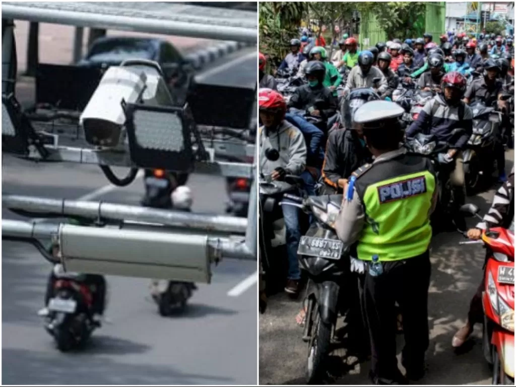Kamera tilang elektronik atau ETLE. (Dok. Korlantas Polri) dan Ilustrasi Polantas menilang pengendara sepeda motor. (ANTARA FOTO/Umarul Faruq)