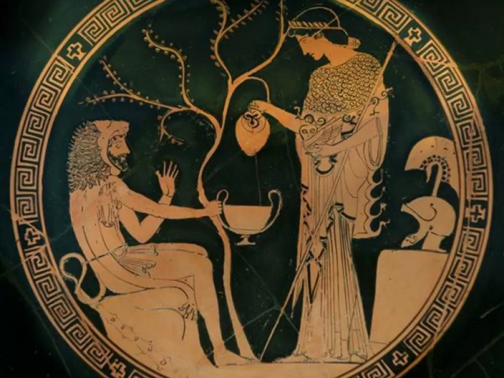 Hercules ditawari anggur dalam penggambaran adegan dari Twelve Labors miliknya (Public Domain)