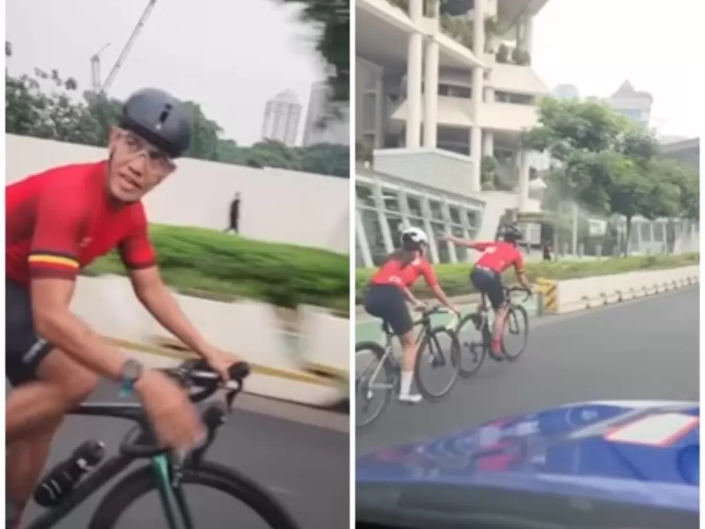 Viral dua orang pesepeda melaju dengan kecepatan tinggi di luar jalur sepeda Sudirman. (Instagram/@tmcpoldametro)