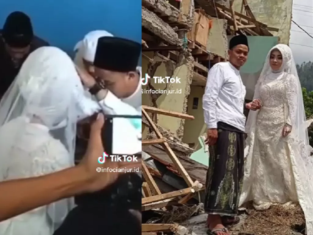 Sejoli menikah di tengah reruntuhan bangunan ambruk akibat gempa Cianjur (TikTok/Info Cianjur,)