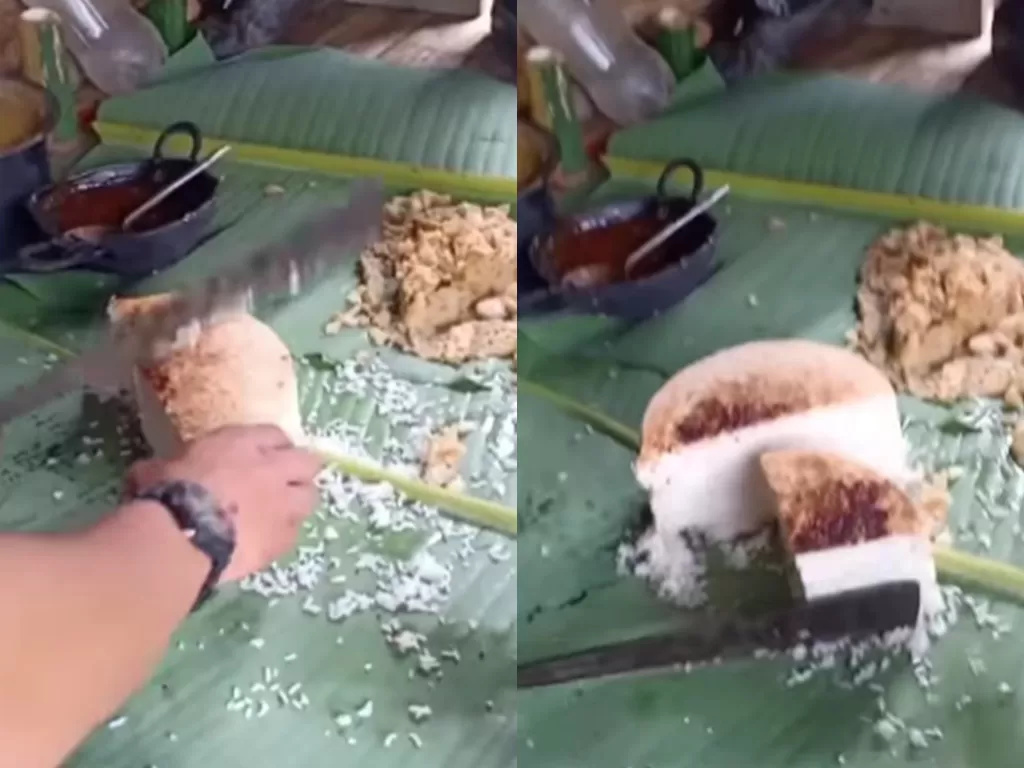 Penampakan nasi super keras yang harus dibelah pakai parang (Instagram/masakmasakvideooo)