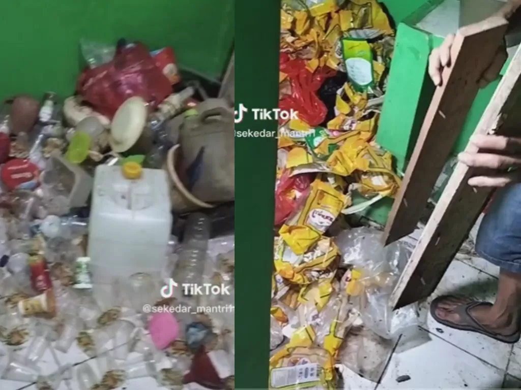 Kamar kontrakan penuh dengan sampah plastik (TikTok/sekedar_mantri1)