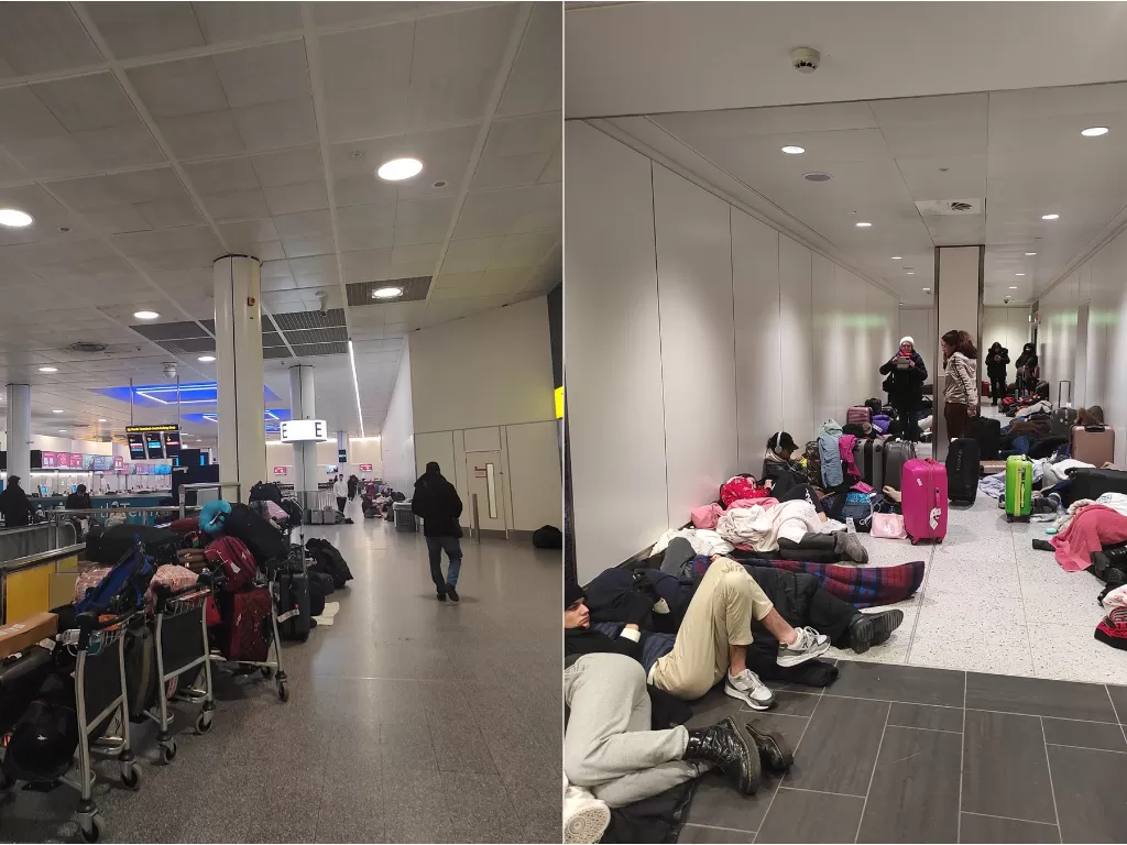 Penumpang pesawat tidur di bandara. (Twitter/@JoanitaBritto)