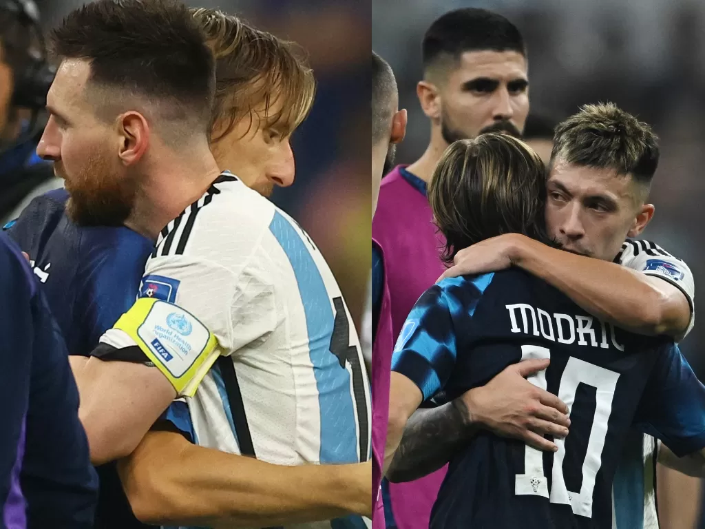 Luka Modric berpelukan dengan Lionel Messi (kiri), Luka Modric berpelukan dengan Lisandro Martinez (kanan). (REUTERS/Lee Smith/Dylan Martinez)