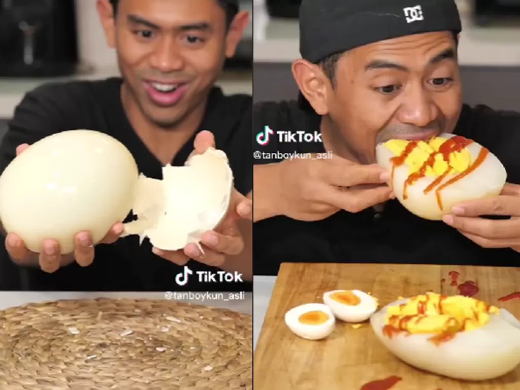  Tanboy Kun menyantap telur burung unta yang super besar (TikTok/tanboykun_asli)