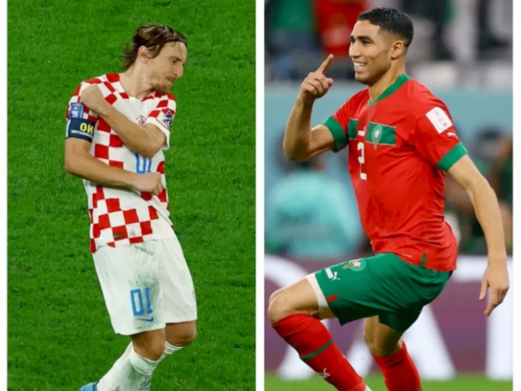 Luka Modric dan Achraf Hakimi akan saling bertarung dalam perebutan gelar juara ketiga Piala Dunia 2022. (Reuters/Lee Smith/Matthew Childs)