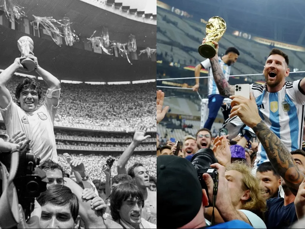 Momen Diego Armando Maradona dan Lionel Messi angkat trofi Piala Dunia (REUTERS/Gary Hershorn/Hannah Mckay)