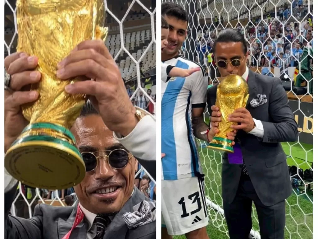 Salt Bae mengangkat dan mencium trofi Piala Dunia (Instagram/@nusr_et)