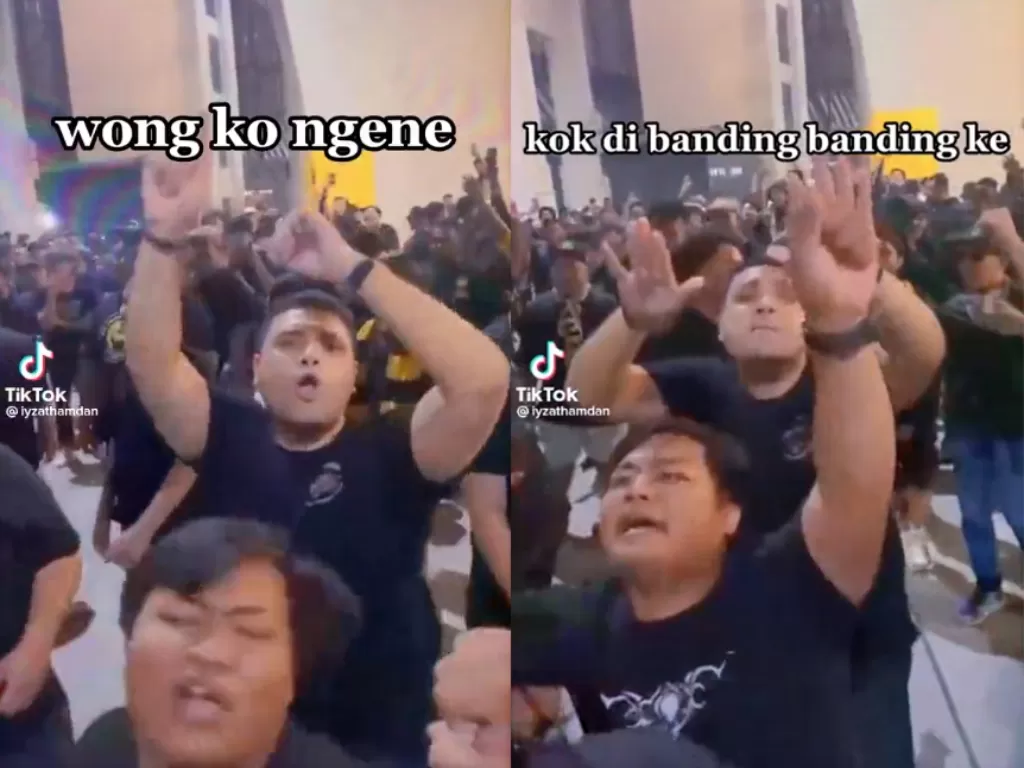 Viral suporter Malaysia nyanyikan lagu Ojo Dibandingke. (Twitter/@TxtdariHI).