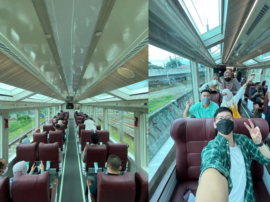 Suasana di dalam kereta api panoramic yang berangkat dari Stasiun Gambir, Jakarta menuju stasiu di Yogyakarta. (Twitter/canisiusandrew)