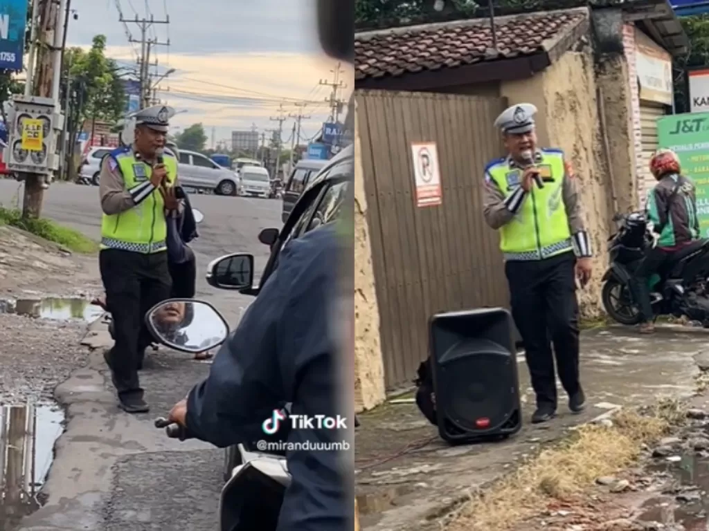 Cara unik polisi lakukan dinas lalu lintas dengan cara menyanyi. (TikTok/miranduuumb)