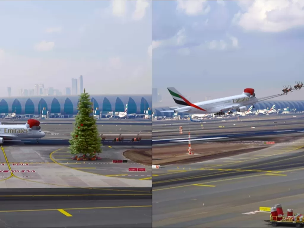 Pesawat Emirates diubah mirip kereta sinterklas. (Instagram/@emirates)