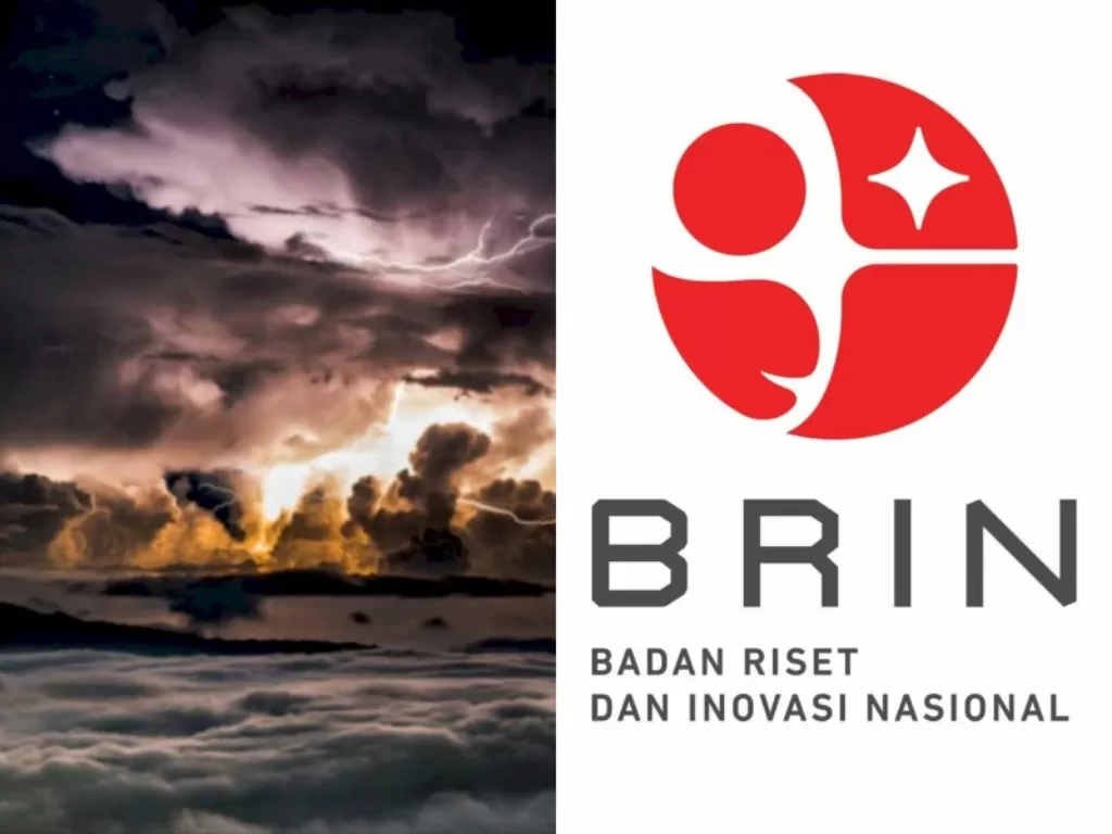 Kiri: Ilustrasi badai. (Freepik/jcomp)/ Kanan: Logo BRIN. (Wikipedi)