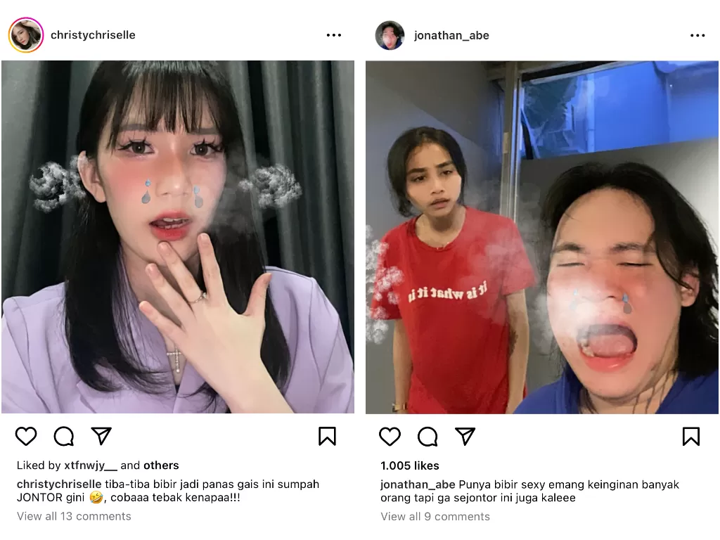 Tangkapan layar Instagram potret bibir jontor influencer Christy Chriselle dan Jonathan Abe setelah menikmati Pop Mie Pedas Dower Pangsit Jontor. (Dok. Pop Mie)