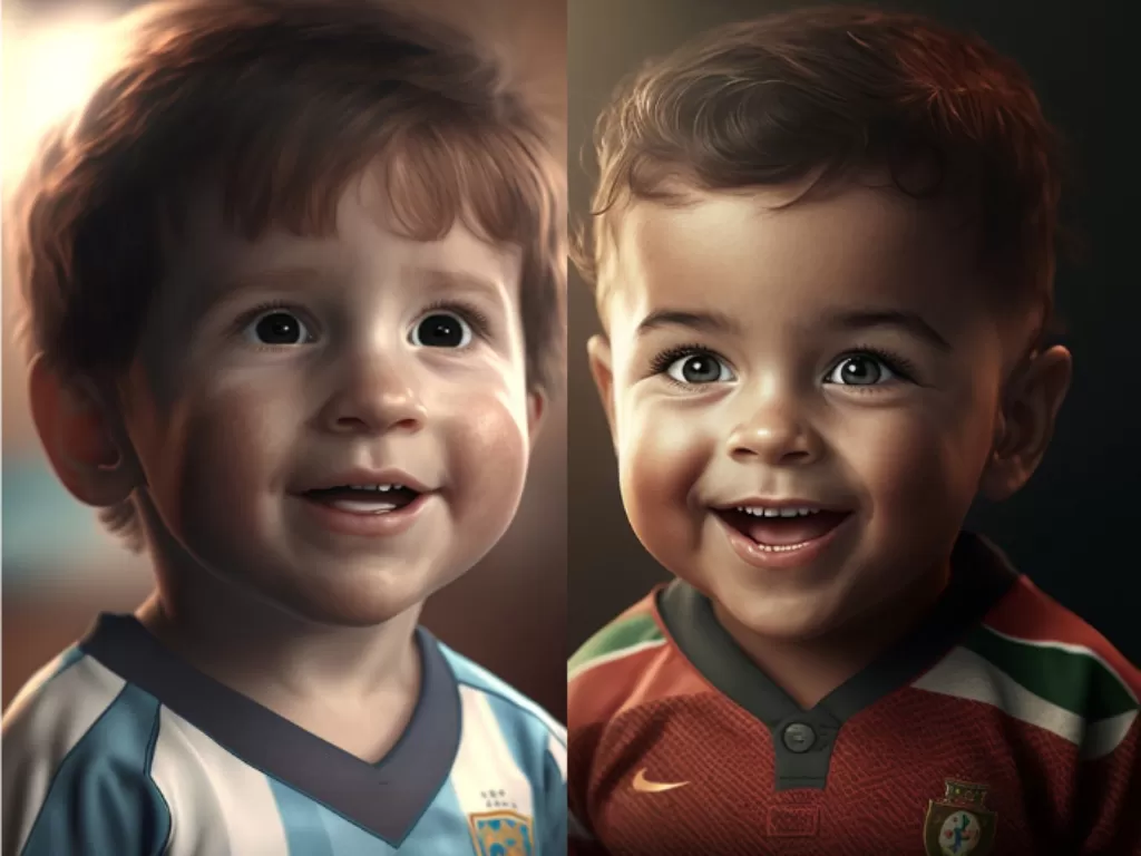 Wajah Lionel Messi (Kiri) dan Cristiano Ronaldo (Kanan) yang dibuat menjadi terlihat seperti anak kecil menggunakan AI. (Instagram/@jed.ai.master)