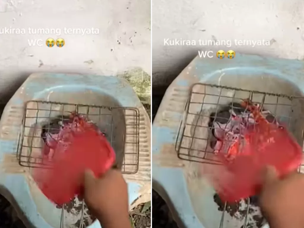 Seorang pria menggunakan kloset WC bekas untuk wadah bakar daging. (Screenchoot/Instagram/@hariankopas)