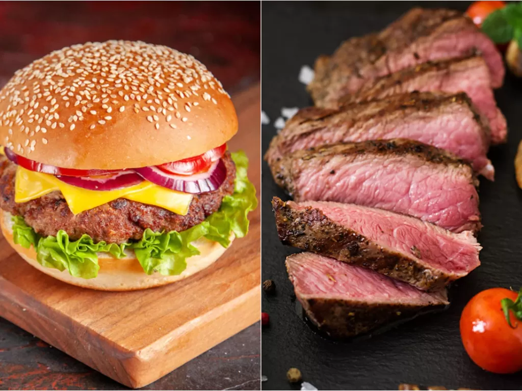 Ilustrasi burger dan steak, makanan yang memicu kolestrol. (Freepik)