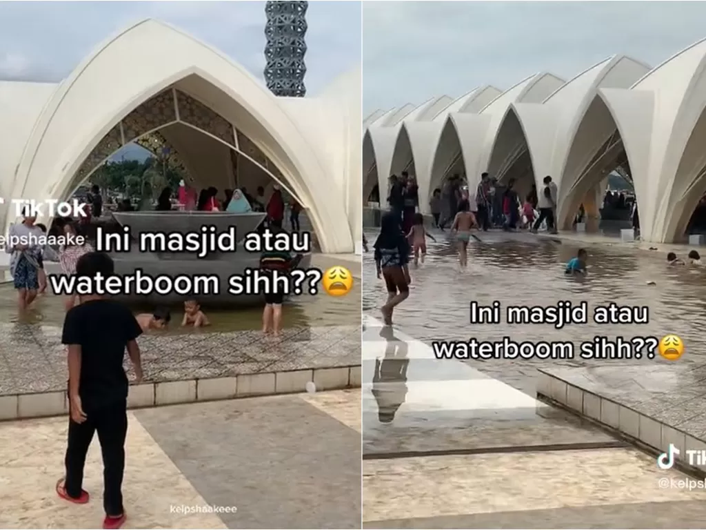 Penampakan Masjid Al Jabbar dipenuhi pengunjung yang berenang (TikTok/kelpshaaake)
