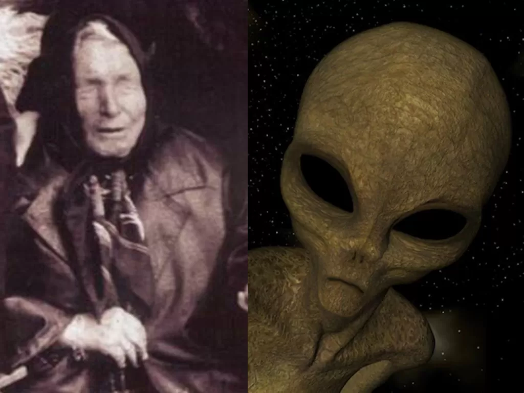 Kolase foto Baba Vanga dan ilustrasi alien (History/Freepik/jpargeter)