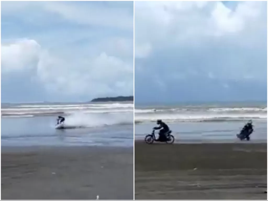 Viral balapan di pantai berujung dua pembalap terjatuh. (Twitter/@gusbaster87)