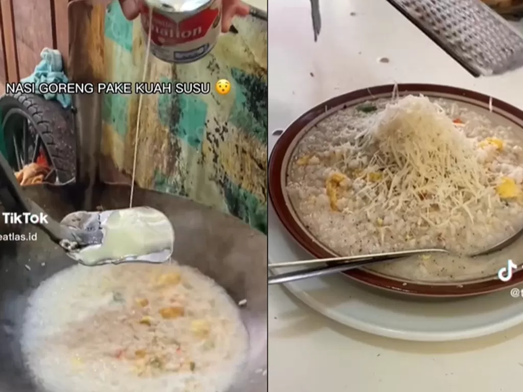 Penampakan nasi goreng kuah susu. (Screenshoot/TikTok/@theatlas.id)